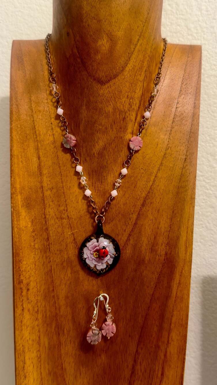 Handmade Black Glass Floral Pendant Necklace & Earrings Set with Ladybug 18"